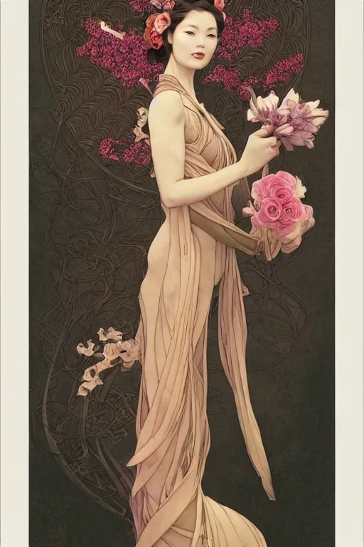 Image similar to full length portrait of a beautiful mysterious chinese humanoid holding bouquet of flowers by eve ventrue, michael carson, andreas rochas, john watkiss, casey weldon, artgerm. art nouveau. tarot card by mucha. gloomhaven. swirly intricate linework background. gaudy colors, sharp edges. octane render