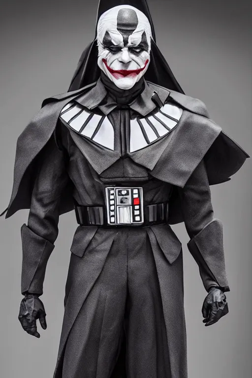 Prompt: Joker wearing vader's armor suit, realistic cosplay, realistic head, full character, highly detailed, highly realistic