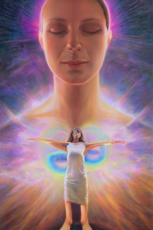 Prompt: transcendental meditation cult woman, opening third eye, chakra energy waves resonating from her body, ethereal aura, epic surrealism 8k oil painting, portrait, perspective, high definition, post modernist layering, by Raymond Swanland, Barclay Shaw