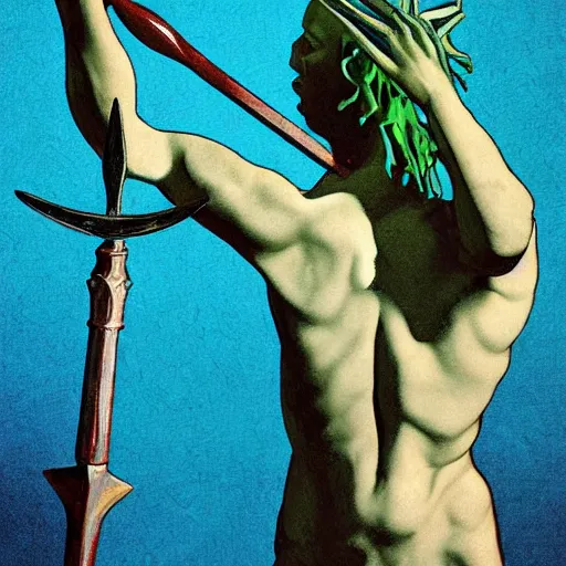 Image similar to low poly painting by caravaggio of a drowned zombie holding a trident with glowing cyan eyes, wearing ragged clothing, holding a trident, underwater, pastel green and blue color palette, low poly