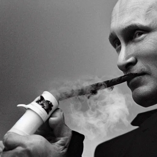 Image similar to vladimir putin smoking a bong and exhaling a large smoke cloud, candid photography