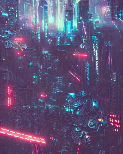 Image similar to cyberpunk drone above a city, scifi, futuristic, neon light, highly detailed, concept art, sharp focus, trending on artstation, intricate, atmosphere, raining, art by roman makarenko, dzung phung dinh