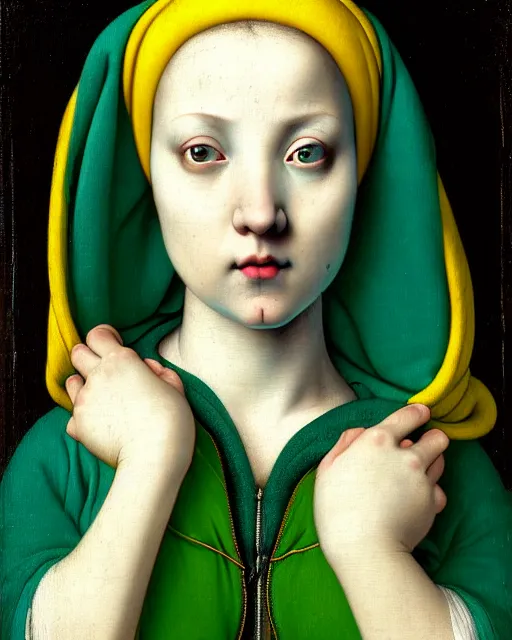 Prompt: portrait of a pale curvy woman with green blue hair buns, wearing a yellow hoodie, intricate details, high detail, black background, in a high renaissance style, in the style of jacopo da pontormo, by mark ryden, punk, asian art,