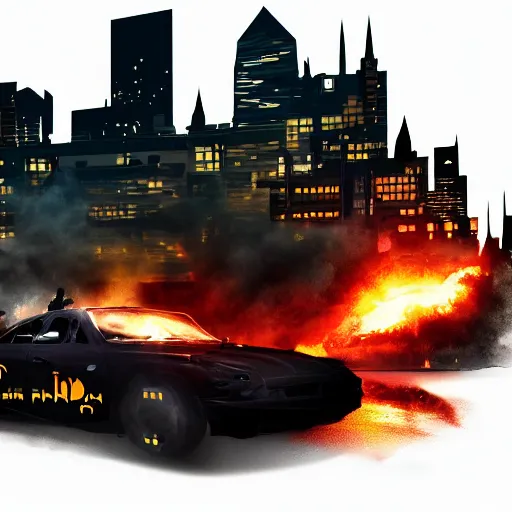Image similar to city on flames at night, batman dancing on top of a car, people cheering, dark, detailed