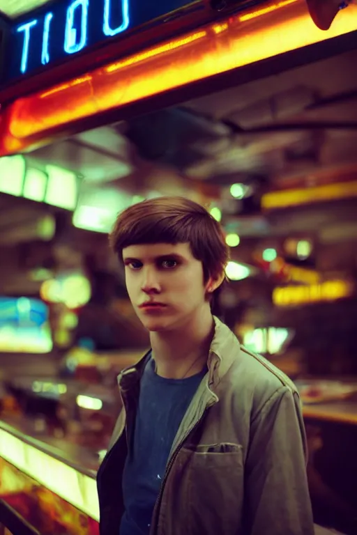 Image similar to an ultra high definition telephoto portrait cyberpunk 7 0 s diner film set photograph of a young man with short messy brown hair triangle head puffy cheeks narrow chin high cheek bones confused expression. wide angle close up. three point lighting. volumetric. refraction. imagined detail. soft focus ambient light sources. haze, light glare, art directed. filmic.