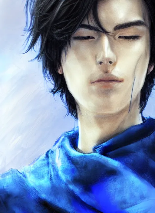 Image similar to handsome young man with short black hair, male, dressed in blue, looking down, half body shot, arms down, path traced, highly detailed, high quality, digital painting, ayami kojima