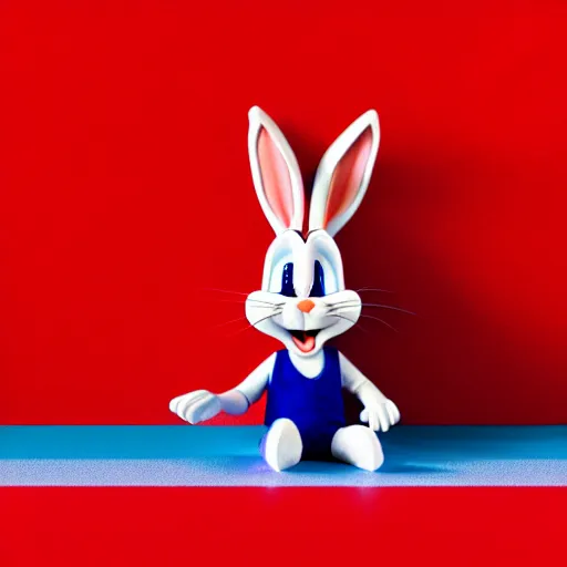 Image similar to photo of a bugs bunny toy sitting infront of a red wall with blue stripes ultra realistic, lens flare, atmosphere, glow, detailed, intricate, full of colour, cinematic lighting, trending on artstation, 4 k, hyperrealistic, focused, extreme details, unreal engine 5, cinematic, masterpiece, ultra realistic, hyper realistic, highly detailed, sharp focus, digital art