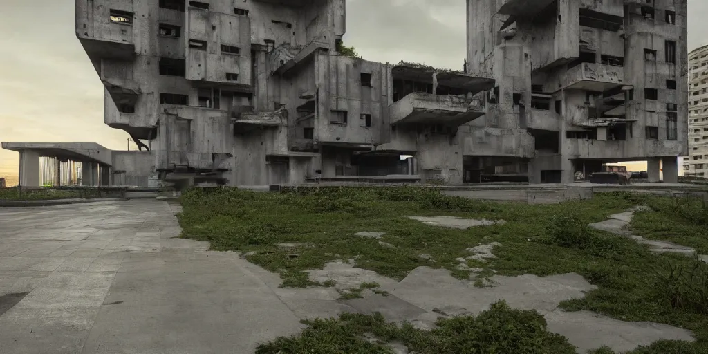Prompt: brutalist architecture by Le Corbusier, abandoned buildings, empty streetscapes, surrounded by lush green vegetation, ground-level view, stunning volumetric lighting, sunset, rusted steel, solid concrete, glass, stunning skies, trending on Artstation, 8k, photorealistic, hyper detailed, unreal engine 5, IMAX quality, cinematic, epic lighting, in the style of DOOM and Quake and Greg Rutkowski