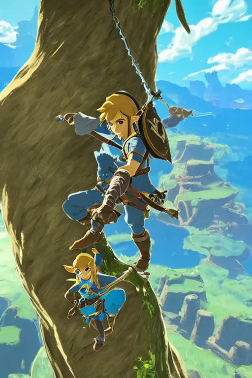 Image similar to in game footage of link from the legend of zelda breath of the wild climbing q tree, breath of the wild art style.