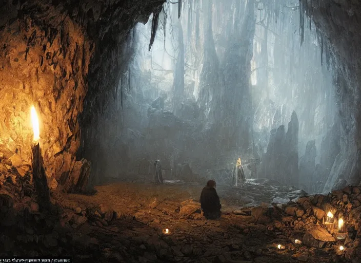 Image similar to A hooded dark figure approaches an abandoned mine in a cave lit by candles, Ivan Shishkin and Greg Rutkowski