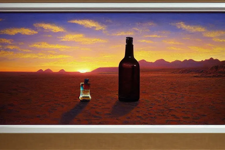 Prompt: bottle of water in the desert sunset, beautiful painting, james gurney, trending on artstationhq