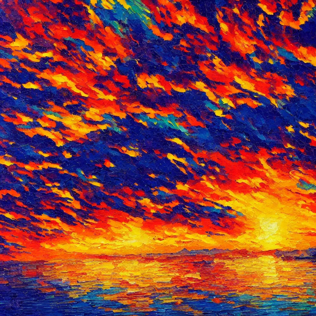 Prompt: an impasto oil painting of a stunning, colorful sunset painted by ken hong leung
