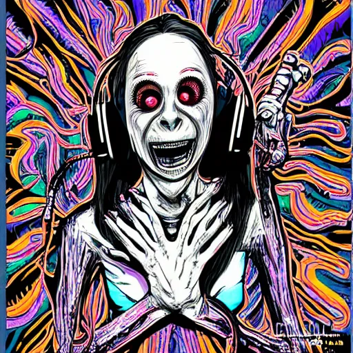 Image similar to artgerm, psychedelic laughing cronenberg horror creature, from a b - grade horror film, rocking out, headphones dj rave, digital artwork, r. crumb, svg vector