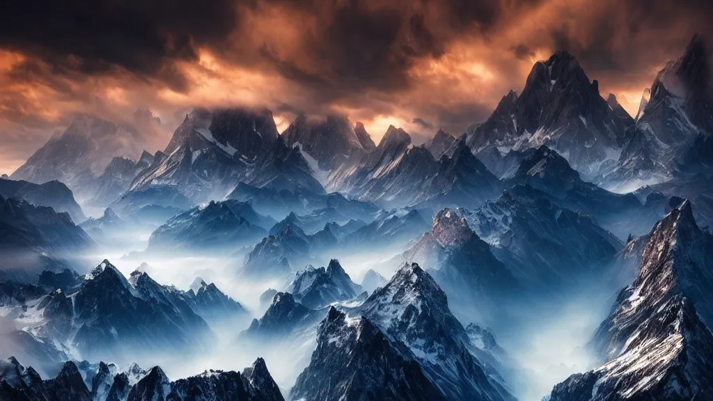 Image similar to amazing landscape photo of mountains with dragons flying over by marc adamus, beautiful dramatic lighting