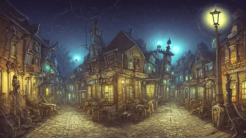 Image similar to street view of lovecraftian town square surrounded by houses in lovecraftian city at night by cyril rolando and naomi okubo and dan mumford and ricardo bofill. lovecraft. cobbled streets. oil lamp posts. lovecraftian statues.