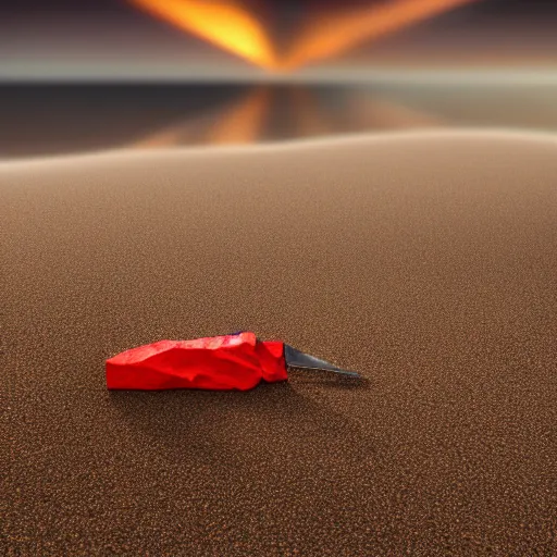 Image similar to a closeup photorealistic photograph of a red knife on the beach halfway covered with sand, fantastic four theme. bright scene. fine detail. this 4 k hd image is trending on artstation, featured on behance, well - rendered, extra crisp, features intricate detail, epic composition and the style of unreal engine.