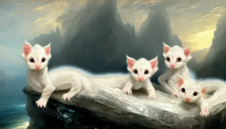 Image similar to highly detailed painting of white cute baby furry scaled oriental dragon kittens on a blue and white iceberg by william turner, by greg rutkowski, by william constable, thick brush strokes and visible paint layers, 4 k resolution