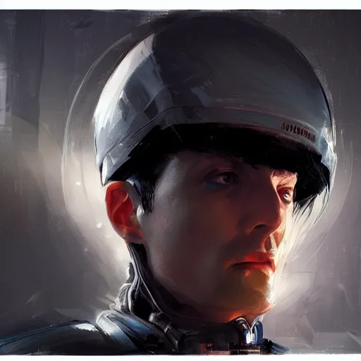 Image similar to portrait of a shocked man by greg rutkowski, he is about 3 0 years old, short black hair with bangs, scared and incredulous, very tall and slender, he is wearing futuristic space gear, highly detailed portrait, digital painting, artstation, concept art, smooth, sharp foccus ilustration, artstation hq