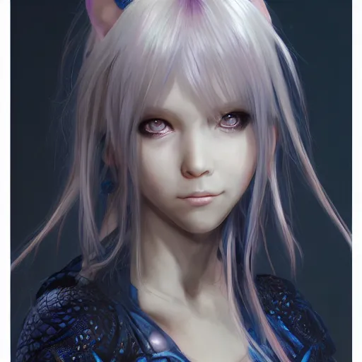 Prompt: portrait of young girl half dragon: 5 , dragon skin, dragon ears, blue hair, long hair, highly detailed 3D render, 8k, rpg concept art character, jrpg character, manga, anime, video game character, concept art, by Yoshitaka Amano