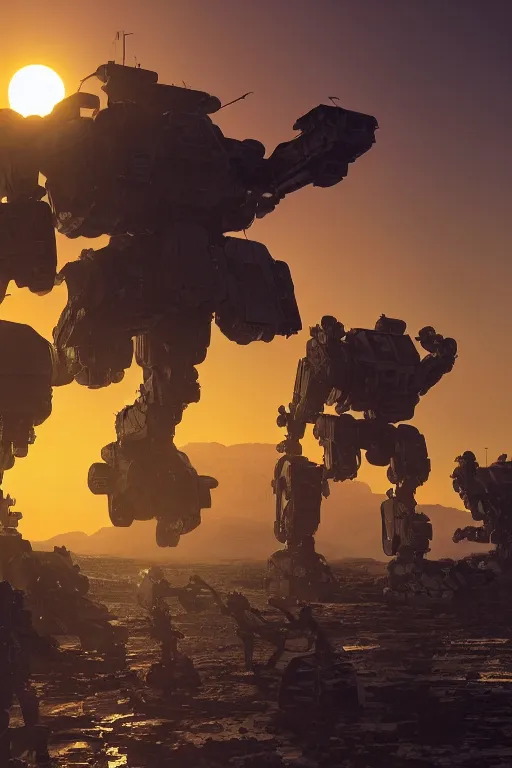 Prompt: A real photo of a Huge Mechwarrior and the sunset in the distance, by Josan Gonzalez, Yoji Shinkawa and Geof Darrow, highly detailed, Unreal Engine Render, 3D, 8k wallpaper