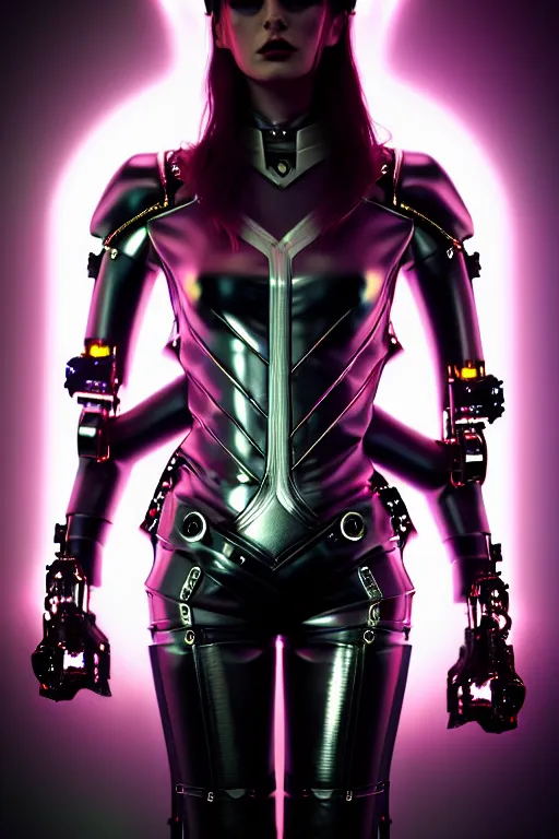 Prompt: edgy beautiful powerful female glossy futuristic cyborg with curved metal Loki horns and chrome motorcycle parts, full body, dark fantasy, neon bar lights, 3d render, octane, 8k, volumetric lighting, hyper-realistic,, diffuse lighting, intricate, highly detailed, lifelike, photorealistic, digital painting, trending on artstation, smooth, sharp focus