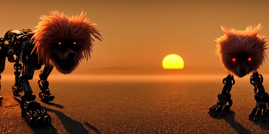 Image similar to a scary, evil, malevolent robotic canine appearance like a japanese spitz, robotic parts fused with the body and head, on a beach at sunset, this 4 k hd image is trending on artstation, featured on behance, well - rendered, extra crisp, features intricate detail and the style of unreal engine. golden hour