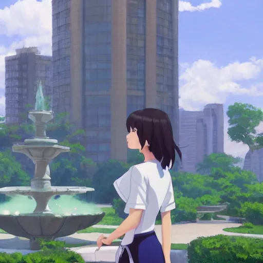 Image similar to a full body portrait of a young woman wearing a white apron standing in front of a fountain in a park, makoto shinkai, james gilleard, very detailed, matte, gaussian blur, tone mapped William-Adolphe, trending on artstation