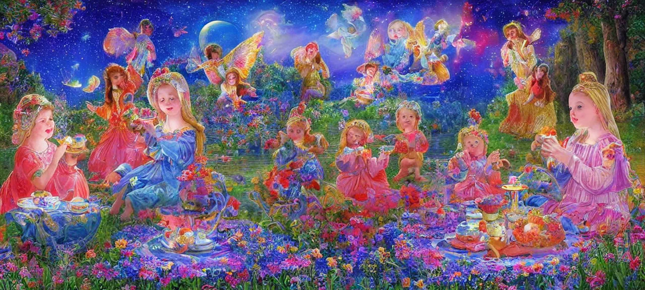 Prompt: high resolution 4k Angel blessing grand children while grandma sleeps Children drinking tea Cozy night tea fantasy tea dark and colorful, bright sparkling lights lake, lily pads, russian night sky, stars, moon, bright brother sister Bubbles, pillows dreamy night sky Luminism Children drinking tea with angel watching In the art style of Victor Nizovtsev