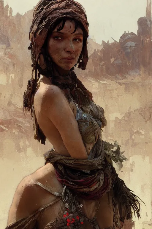 Image similar to a full body portrait of a beautiful post apocalyptic offworld artisans district bedouin blind pulp fiction scarlet wild rogue barbarian leper begging by the roadside, intricate, elegant, highly detailed, digital painting, artstation, concept art, smooth, sharp focus, illustration, art by krenz cushart and artem demura and alphonse mucha