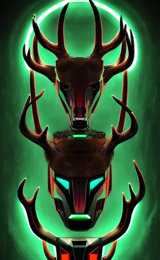 Image similar to poster style, a beautiful and terrifying painting with high details a digital portrait of cyber god of hunting with robotic deer head in style of green neon, cyber noir, movie atmosphere, movie lights, 8 k, light effect, rtx on, trending on artstation, by kilian eng, lee madgwick, bastien lecouffe - deharme