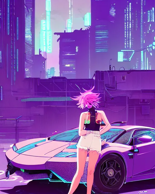 Image similar to digital illustration of cyberpunk pretty girl with blue hair, looking at a purple lamborghini, in junkyard at night, by makoto shinkai, ilya kuvshinov, lois van baarle, rossdraws, basquiat