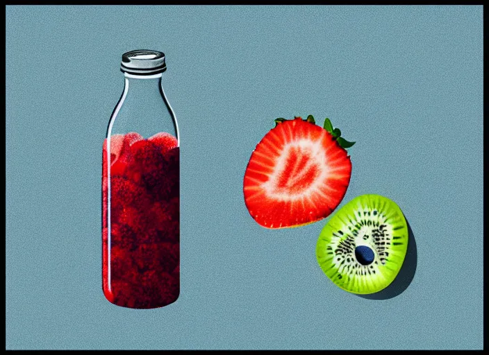 Image similar to ( ( dither ) ), editorial illustration strawberries blueberries sliced kiwi sliced lemon inside a clear drinking bottle, isometric, modern art deco, mads berg, karolis strautniekas, stippled light, fog, fine texture, dynamic composition, matte print, ( ( unreal engine ) )