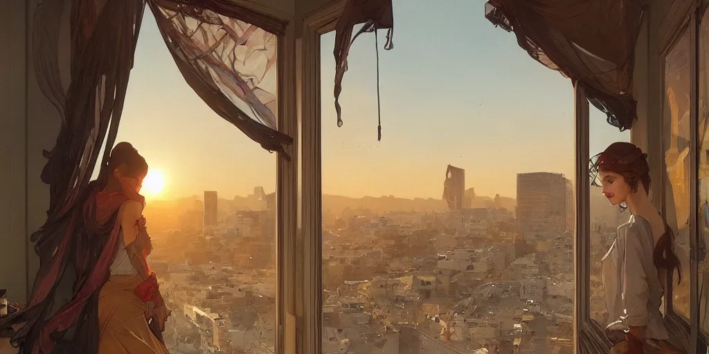 Prompt: seen from broken window!! karachi streets,, sunset in background, detailed characters, alphonse mucha, greg rutkowski, trending on artstation, artgerm, breathtaking, sharp focus, smooth, mark arian, award winning, highly detailed 4 k art