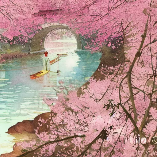 Prompt: a beautiful and inspiring intricate watercolor illustration inside a river, pink sakura trees forming a tunnel, 4 k, ultra - wide angle, by william turner, by victo ngai, by alphonse mucha, by miho hirano, hd, trending on artstation, hyper detailed, muted colors, inspiring, beautiful, paradisiac