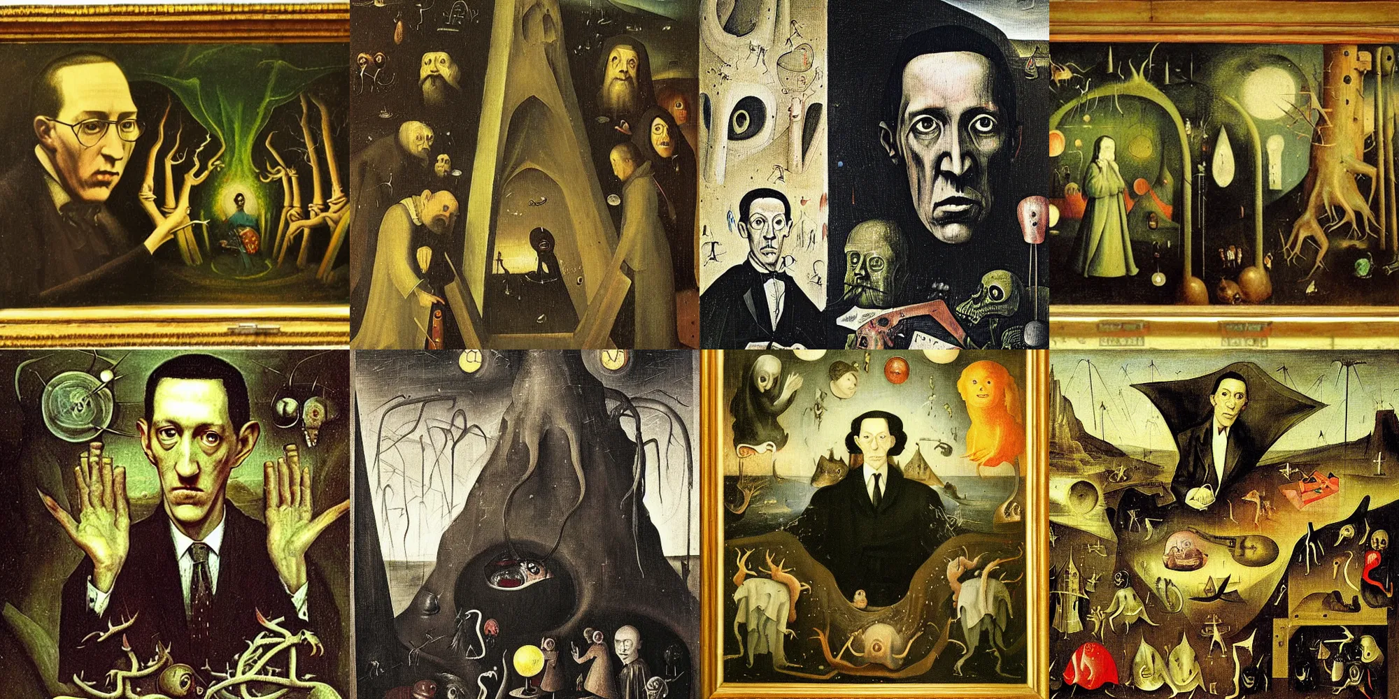 Prompt: a painting of H. P. Lovecraft and his creations by Hieronymus Bosch