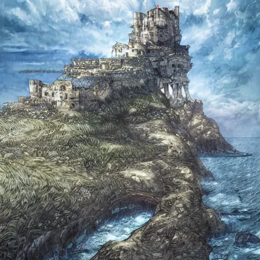 Prompt: fortress sitting on the edge of a cliffed coast by ayami kojima, digital art, very detailed