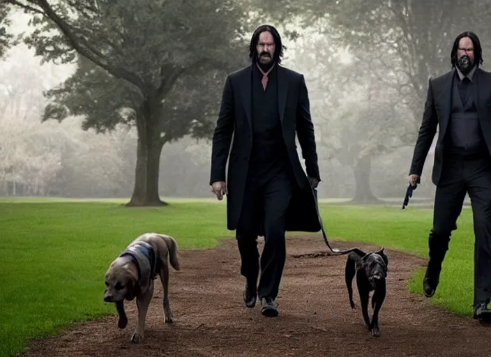 Image similar to film still of john wick played by keanu reeves walking his dog in the park in the new john wick movie, 4 k