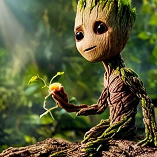 Image similar to baby groot eating banana on island in jungle