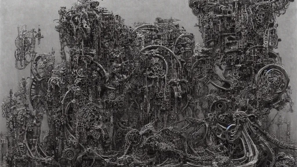 Prompt: A mechanical wasteland of large intricate constructs. Masterpiece by Zdzisław Beksiński and Adolf Lachman