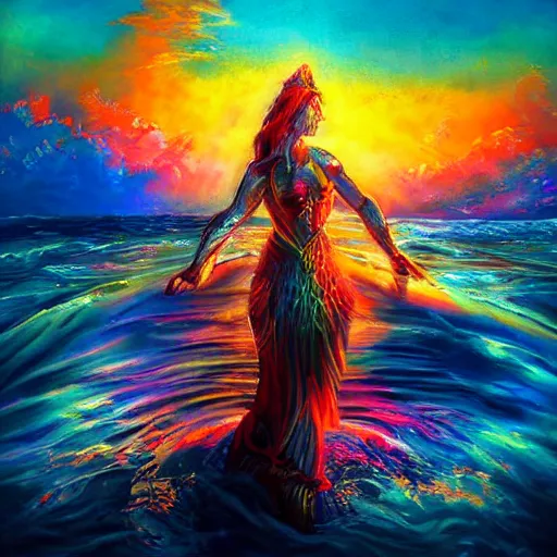 Prompt: warrior sea goddess full frame, beautiful composition, wide angle, colorful, cinematic, volumetric lighting, intricate details painting