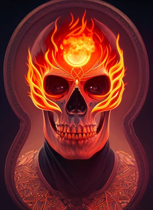 Image similar to symmetry!! portrait of skull with flaming eyes, high fantasy, intricate, elegant, highly detailed, digital painting, artstation, concept art, smooth, sharp focus, illustration, art by artgerm and greg rutkowski and alphonse mucha, 8 k