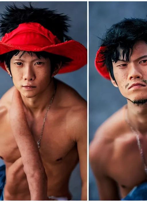 Image similar to A full portrait photo of real-life luffy one piece, f/22, 35mm, 2700K, lighting, perfect faces, award winning photography.