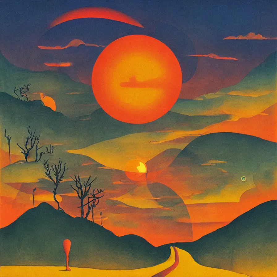 Prompt: surrealist symbolic artwork of the atmospheric indie music album titled :'the long road to the sun '. forests, valley, distant hills, sunrise