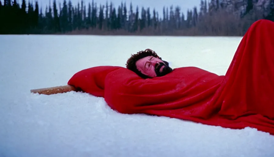 Prompt: 1 9 6 0 s movie still close up of marcus aurelius tired in a red toga frozen to death under the snow by the side of a river with gravel, pine forests, cinestill 8 0 0 t 3 5 mm, high quality, heavy grain, high detail, texture, dramatic light, anamorphic, hyperrealistic, detailed hair, foggy