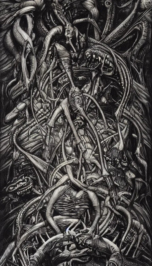 Image similar to man on boat crossing a body of water in hell with creatures in the water, sea of souls, by hr giger