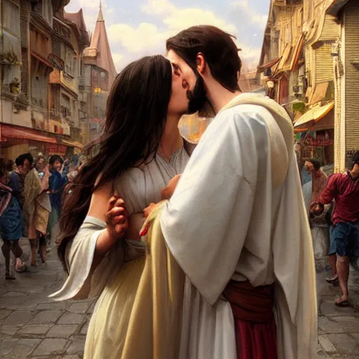 Image similar to jesus kissing a woman in a street, elegant, highly detailed, digital painting, artstation, concept art, matte, sharp focus, highly detailed, 4 k, hdr, smooth, sharp focus, high resolution, award - winning photo, photorealistic, art by artgerm and greg rutkowski and alphonse mucha, large shot