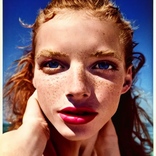 Image similar to a beautiful professional photograph by herb ritts and ellen von unwerth for vogue magazine of a beautiful lightly freckled and unusually attractive female fashion model looking at the camera in a flirtatious way, zeiss 5 0 mm f 1. 8 lens