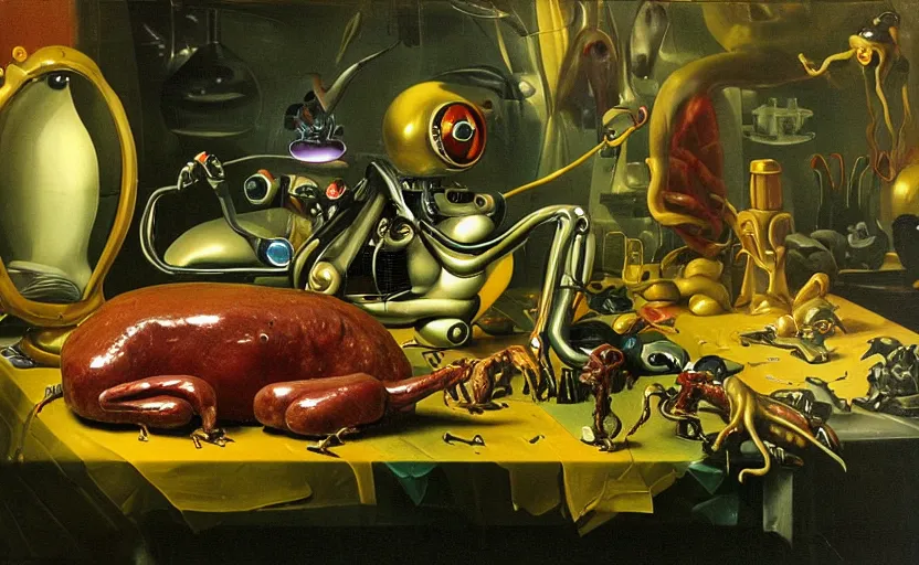 Image similar to strange seductive futuristic robot body, enticing colorful oil masterful painting dutch golden age vanitas still life splendid composition with bulbous luscious objects strange gooey transparent surfaces shiny metal reflections bizarre mutant meat insects rachel ruysch dali todd schorr very detailed perfect composition rule of thirds masterpiece canon 5 0 mm, cinematic lighting, photography, retro, film, kodachrome