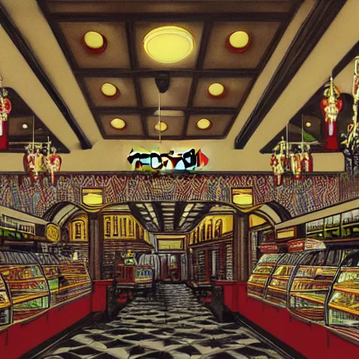 Prompt: interior of a mcdonald's in the style of gothic, circa 1 9 9 9, hyper detailed, 8 k