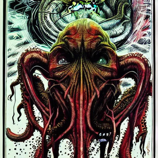 Image similar to graphic illustration, creative design, cthulhu, biopunk, by ralph steadman, francis bacon, hunter s thompson, highly detailed, mixed media